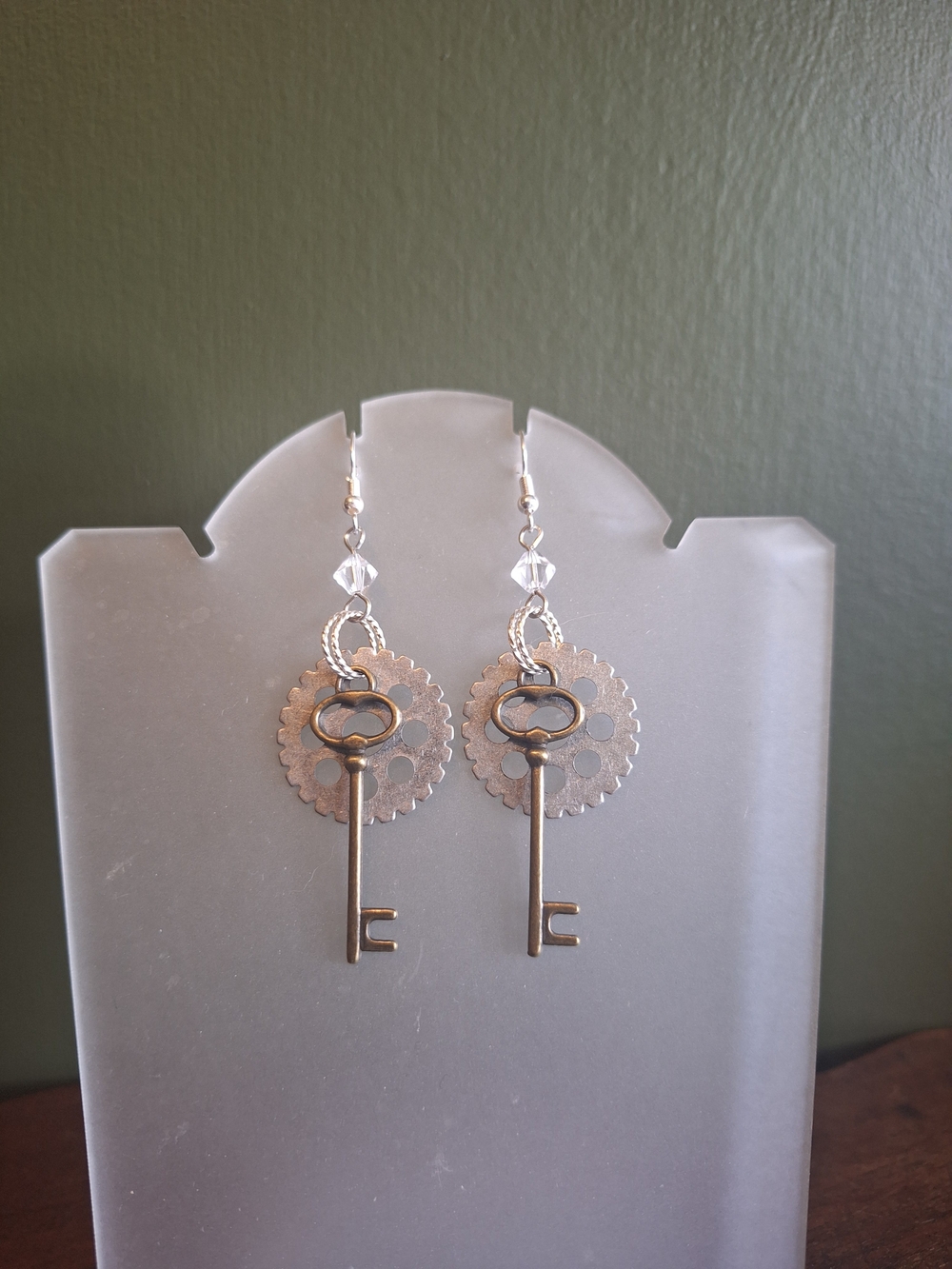 Brass Skeleton Key & Gear Drop Earrings - Mixed Metal